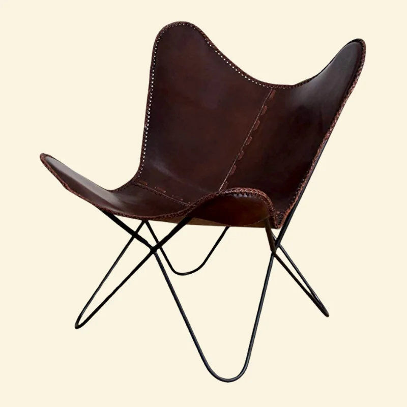 Elegant Dark Brown Leather Butterfly Chair With Black Stand - DRAFT