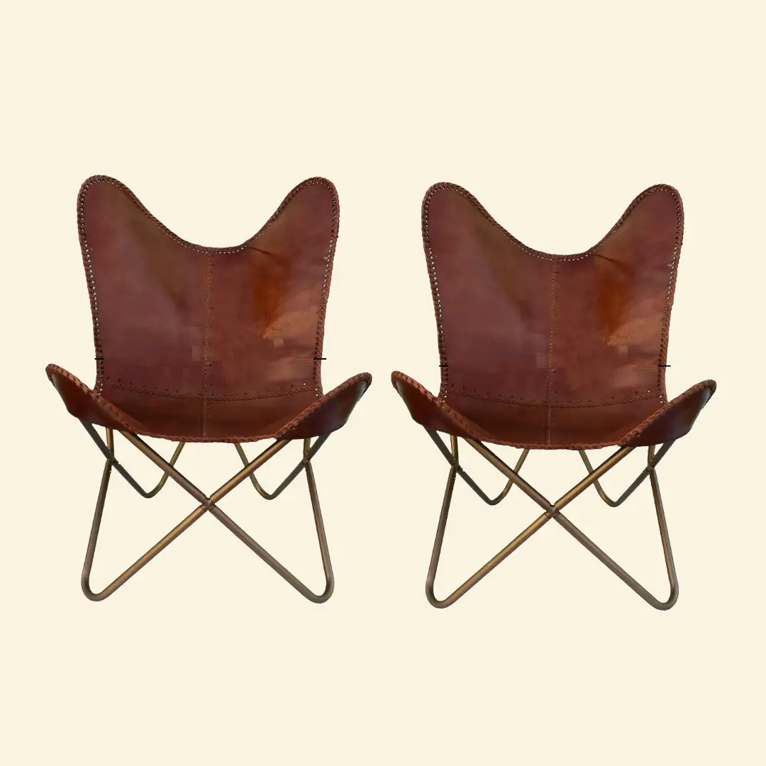 Elegant Dark Brown Leather Butterfly Chair With Golden Stand Set