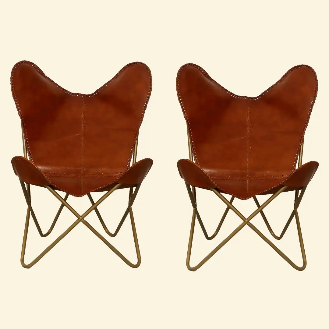 Tan Leather Butterfly Chair with Golden Stand Hand-Stitched  - Unique Home Decor set of 2