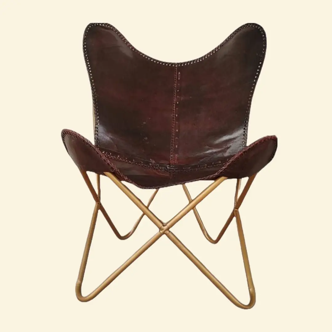 Elegant Dark Brown Leather Butterfly Chair With Golden Stand