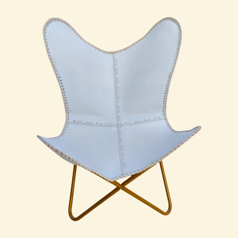Vintage White Leather Butterfly Chair With Golden Stand