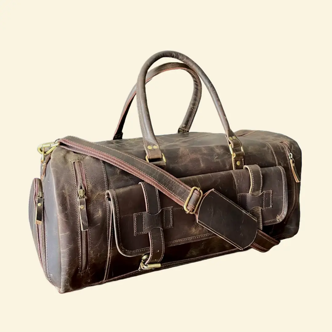 Leather Weekender Duffle Bag with Shoe Compartment