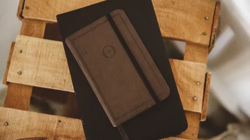 Wooden box with notebook