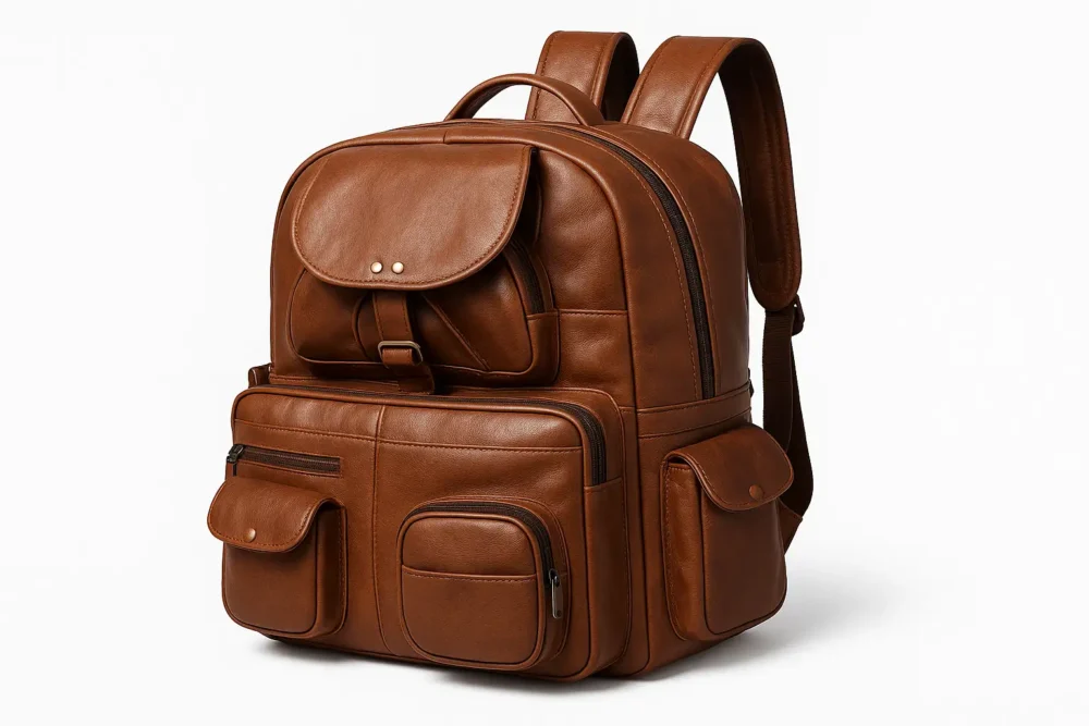 Handcrafted leather bag showcase.