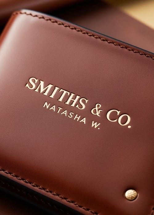 Leather mens wallet golden foil engraved with Smiths & CO. and Natasha . Leather mens wallet golden foil engraved with Smiths & CO. and Natasha .